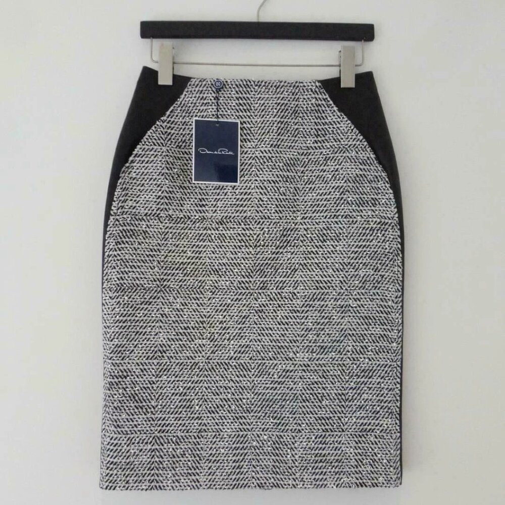 NWT OSCAR DE LA RENTA Black Leather & Boucle Twill Tweed Pencil Skirt 4